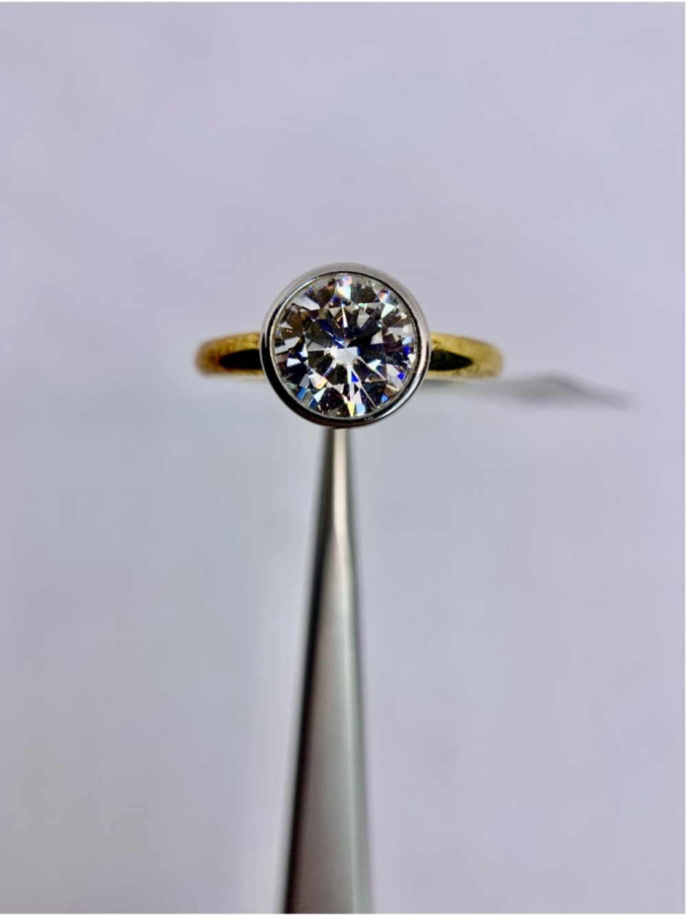 Yellow - White Gold Two Tone Bezel Moissanite Ring Brilliant Round Cut GRA 3Ct